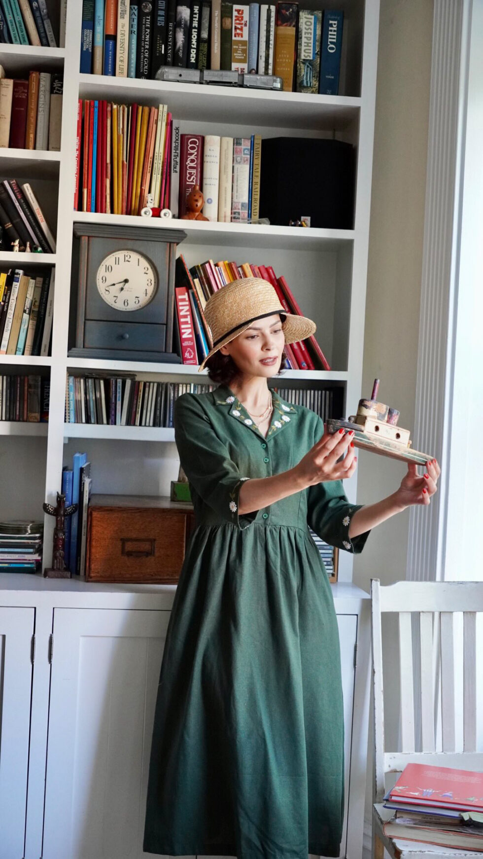 Forest Green Embroidered Linen Dress